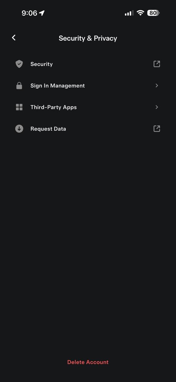 Appli Tesla : écran Sécurité et confidentialité avec les options Gestion des connexions et Applications tierces.