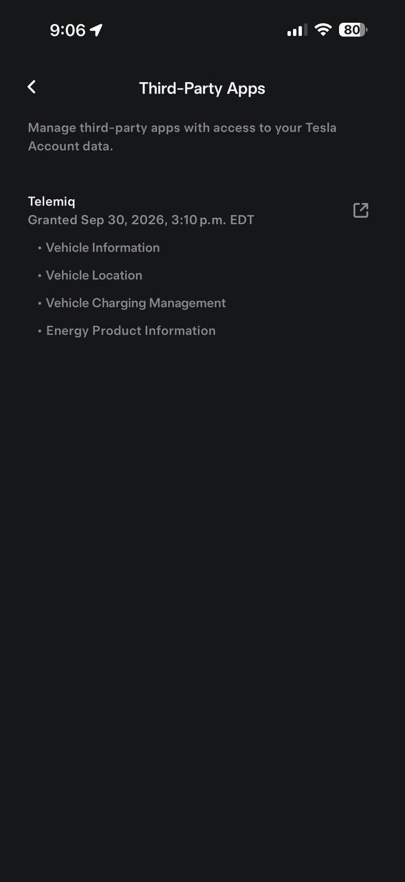 Appli Tesla, Applications tierces : entrée Telemiq avec ses quatre permissions — Informations du véhicule, Position du véhicule, Gestion de la charge, Informations sur les produits énergétiques.